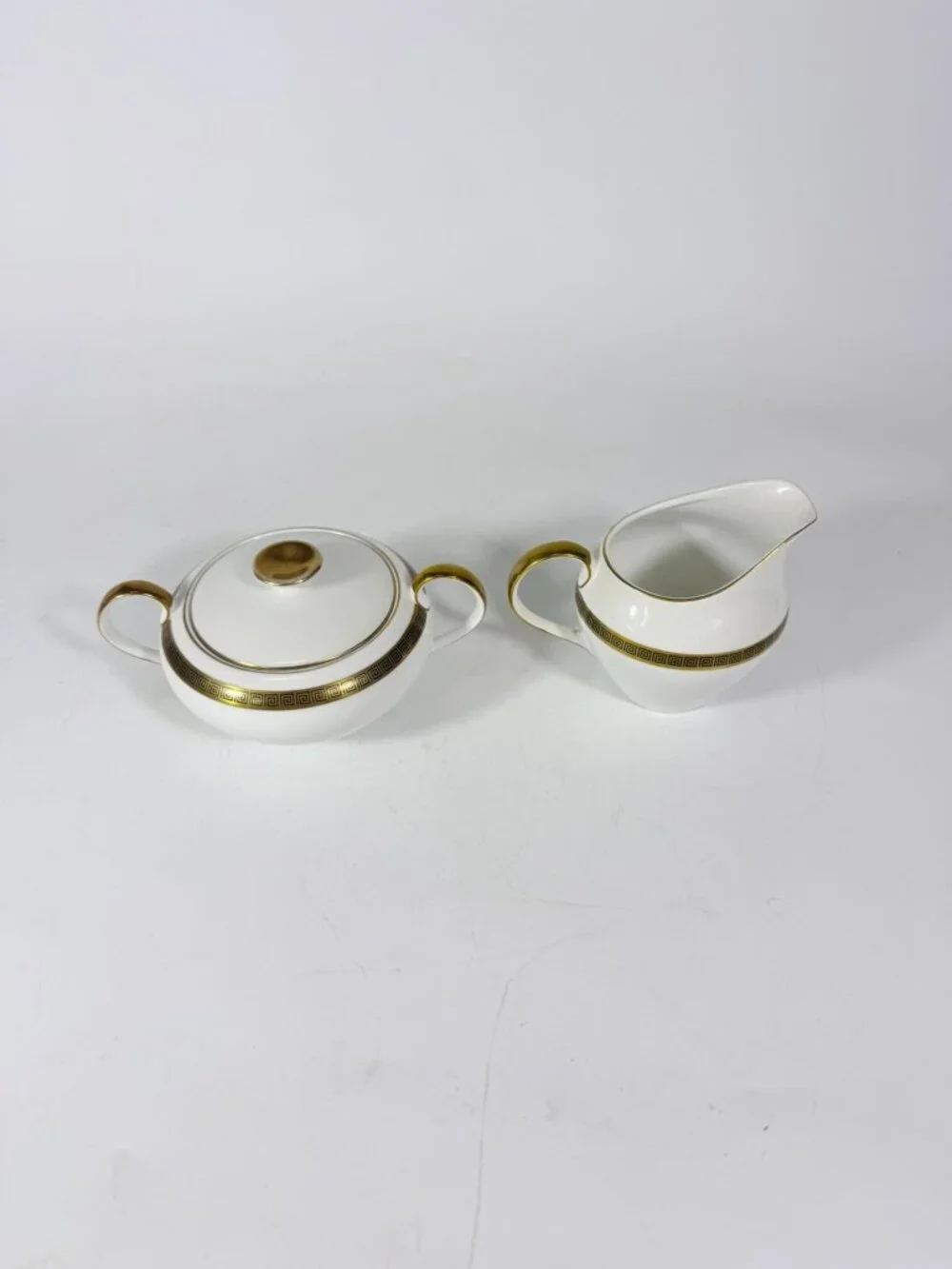 Cream and Sugar Bowl Set Key Largo by Meito Black Greek Key On Gold Band Royal M